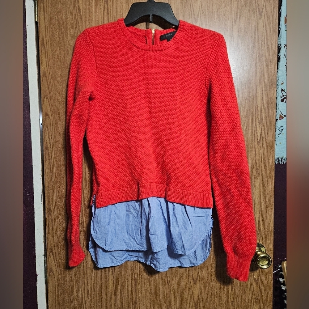 J.Crew Red Lambswool Long Sleeve Crew Neck Sweater Blue Shirttail Zipper!
